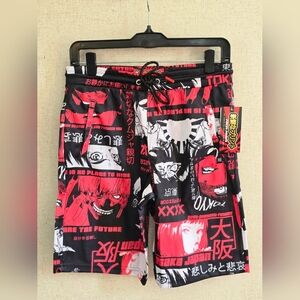 NWT Men's Anime Graphic Red & Black Casual Shorts - Size S